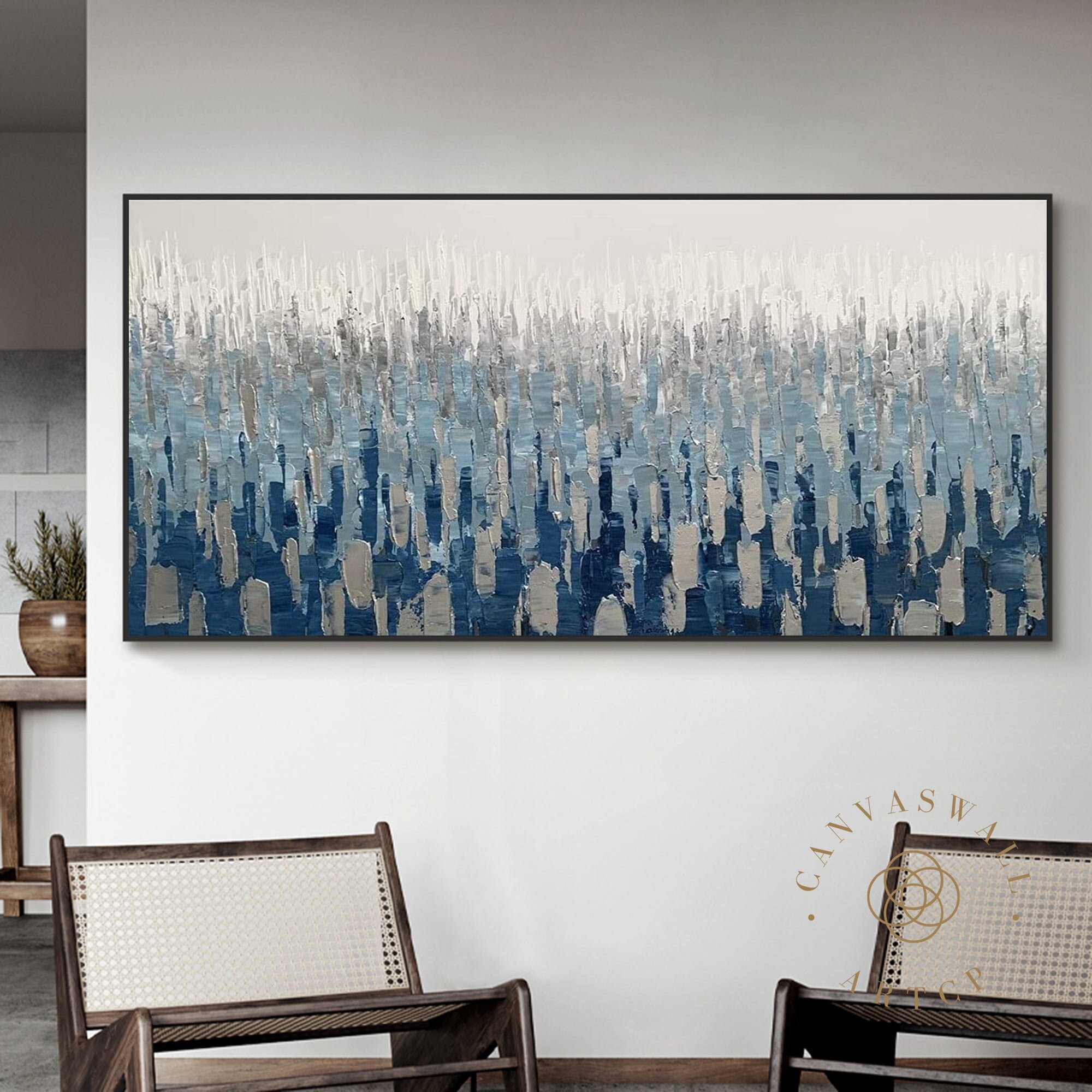 Navy Blue and Sliver Abstract Painting Large Abstract Acrylic Painting