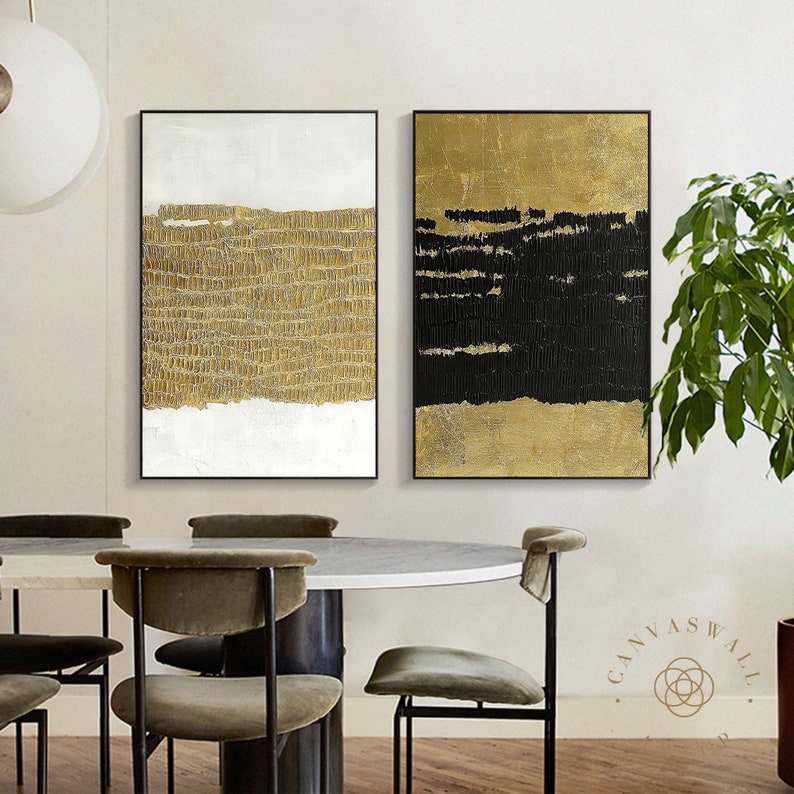 Large Minimalist Wall Art Set of 2 Abstract Paintings Black and White