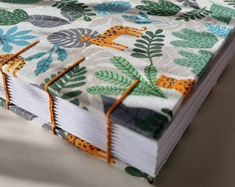 Handstitched Journal/Notebook, Jungle Pattern Fabric Covered Blank Book