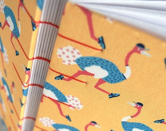 RUSH, Handstitched Journal/Notebook, Yellow Ostrich Pattern Fabric Covered Blank Book, Gift for Artist