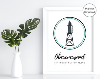Lighthouse Obereversand poster, lighthouse poster digital, lighthouse decoration, printable posters maritime, printable art poster