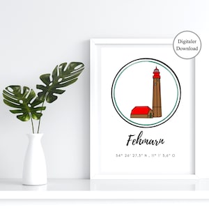 Puede incluir: Una ilustración imprimible de un faro con un techo rojo y una torre blanca con un círculo verde y negro alrededor. El texto "Fehmarn" está debajo del faro y las coordenadas "54° 26′ 27,3" N, 11° 1' 3,6" O" están debajo del texto.