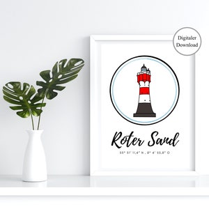 Leuchtturm roter Sand Poster, Wangerooge Dekoration, druckbare Poster maritim, Leuchtturm roter Sand Poster digital, Leuchtturm Dekoration