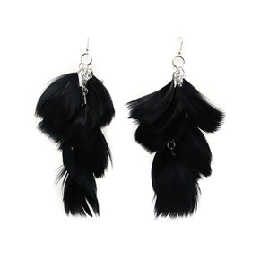 Black long feather earrings, boho feather earrings, summer style earrings, boho jewelry gift, deep black