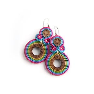 Rainbow earrings with wooden ring, long earrings, boho earrings, summer style earrings, boho jewelry gift, watermelon colors