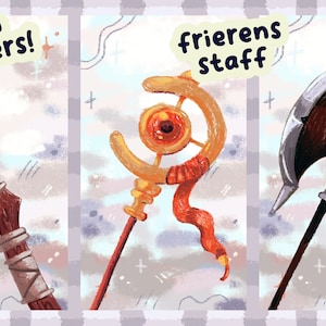 Puede incluir: Tres armas de fantasía con detalles coloridos. Un bastón morado y marrón con una cinta, un bastón dorado con una cinta roja y un ojo, y un hacha plateada con un mango marrón. El texto "frieren wallpapers!" está sobre el primer bastón, "ferns staff" está debajo, "frierens staff" está sobre el segundo bastón, y "starks axe" está debajo del tercer bastón.