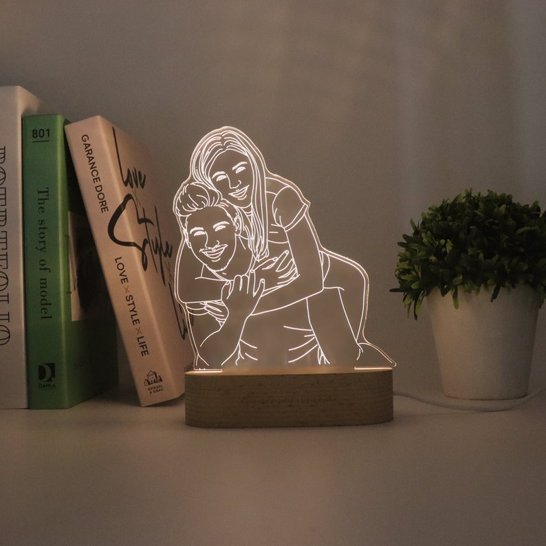 Lámpara fotográfica 3D personalizada, luz nocturna fotográfica personalizada, lámpara fotográfica de arte lineal, retrato grabado, regalo de aniversario, regalo de boda, regalos del Día de la Madre imagen 1