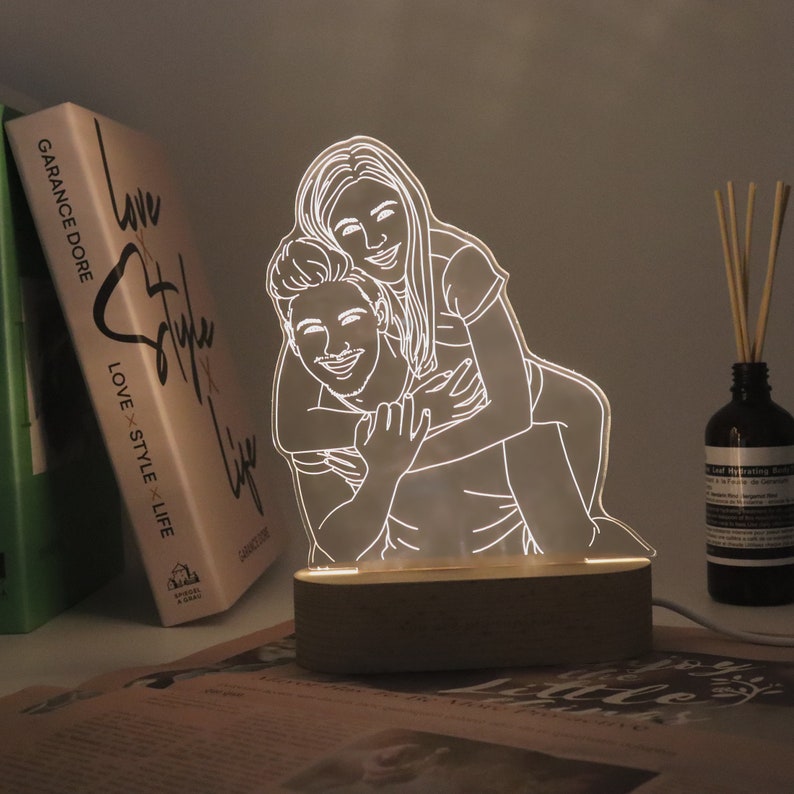 Lámpara fotográfica 3D personalizada, luz nocturna fotográfica personalizada, lámpara fotográfica de arte lineal, retrato grabado, regalo de aniversario, regalo de boda, regalos del Día de la Madre imagen 5