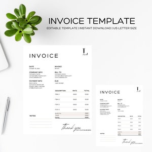 May include: A white invoice template with the text "INVOICE TEMPLATE" and "US LETTER SIZE". The design includes sections for date, company info, payment info, and itemized descriptions. A small plant and a pen are visible.