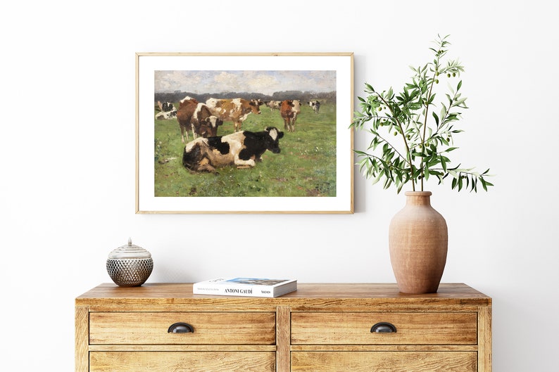 Vintage Painting of Cows in a Field | Rustic Farmhouse Wall Art | Cows ...