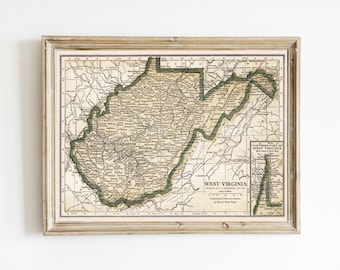 Mapa vintage del estado de Virginia Occidental / Impresión de mapa antiguo de Virginia Occidental / Mapa imprimible de Virginia Occidental / Regalo para los habitantes de Virginia Occidental / Mapa digital