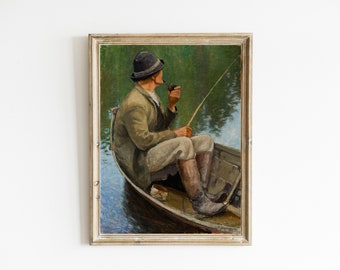 Vintage Fisherman Oil Painting | Antique Nautical Art Print | Man Cave Wall Art | PRINTABLE Fishing Poster | Lake house Decor | DOWNLOAD
