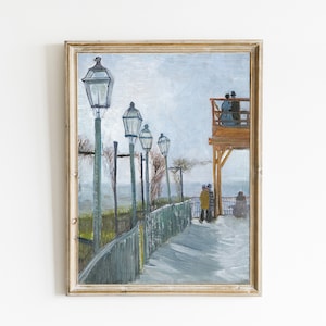 May include: A framed oil painting depicting a street scene with a row of lampposts and a wooden platform with people on it. The painting is set against a cloudy sky and the street is lined with a fence.