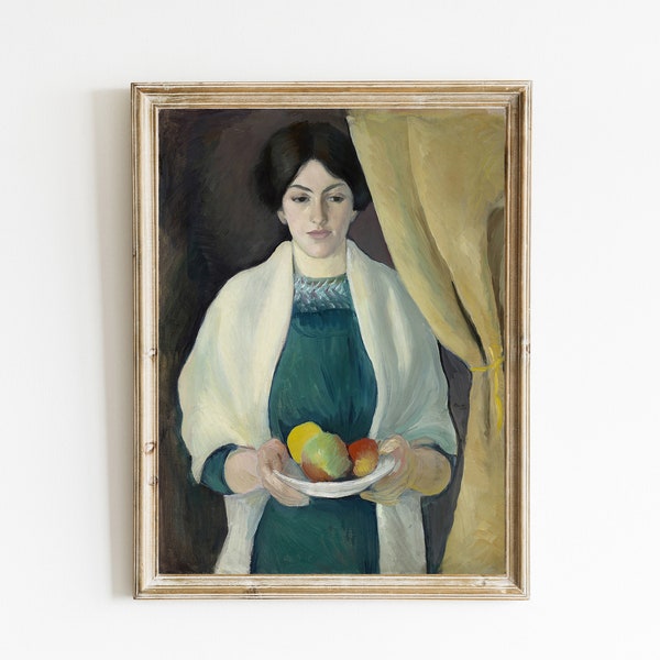 August Macke Portrait with Apple Painting | Vintage Expressionism Oil Painting | Woman with Fruit | Country Kitchen Wall Art | PRINTABLE ART