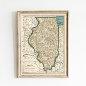 carte vintage de l'état de l'Illinois | carte antique de l'Illinois | Carte de l'Illinois Décoration d'intérieur | CARTE IMPRIMABLE DE L'ILLINOIS | Cadeau idéal pour les Illinois