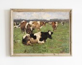 Vintage Painting of Cows in a Field | Rustic Farmhouse Wall Art | Cows out to Pasture | Antique Cow Painting | PRINTABLE LANDSCAPE ART