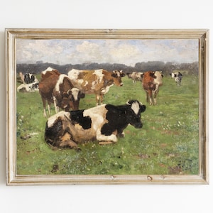 Vintage Painting of Cows in a Field | Rustic Farmhouse Wall Art | Cows out to Pasture | Antique Cow Painting | PRINTABLE LANDSCAPE ART