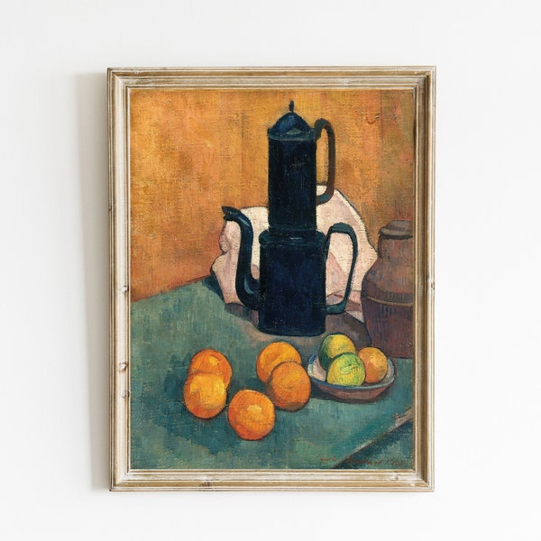 Vintage Still Life Painting with Fruit | Still Life Fruit Painting with Oranges | Still Life Oranges and Coffee Pot | PRINTABLE KITCHEN ART