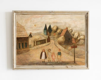 Vintage Dutch Folk Art Painting | Quaint Village Folk Art | Modern Art for Kids Room | Country Cottage PRINTABLE | Folk Landscape | DIGITAL