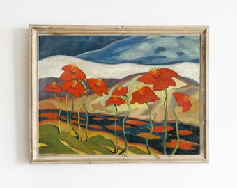 Tableau de paysage moderne avec coquelicots | Impression d'art fleurs colorées | Paysage abstrait avec des coquelicots colorés | ART FLORAL IMPRIMABLE