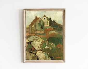 Vintage Landscape Painting with Houses | Vintage Folk Art Painting with Houses | Rustic Cottage Wall Art | Folk Art Landscape | DIGITAL ART