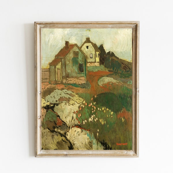 Vintage Landscape Painting with Houses | Vintage Folk Art Painting with Houses | Rustic Cottage Wall Art | Folk Art Landscape | DIGITAL ART