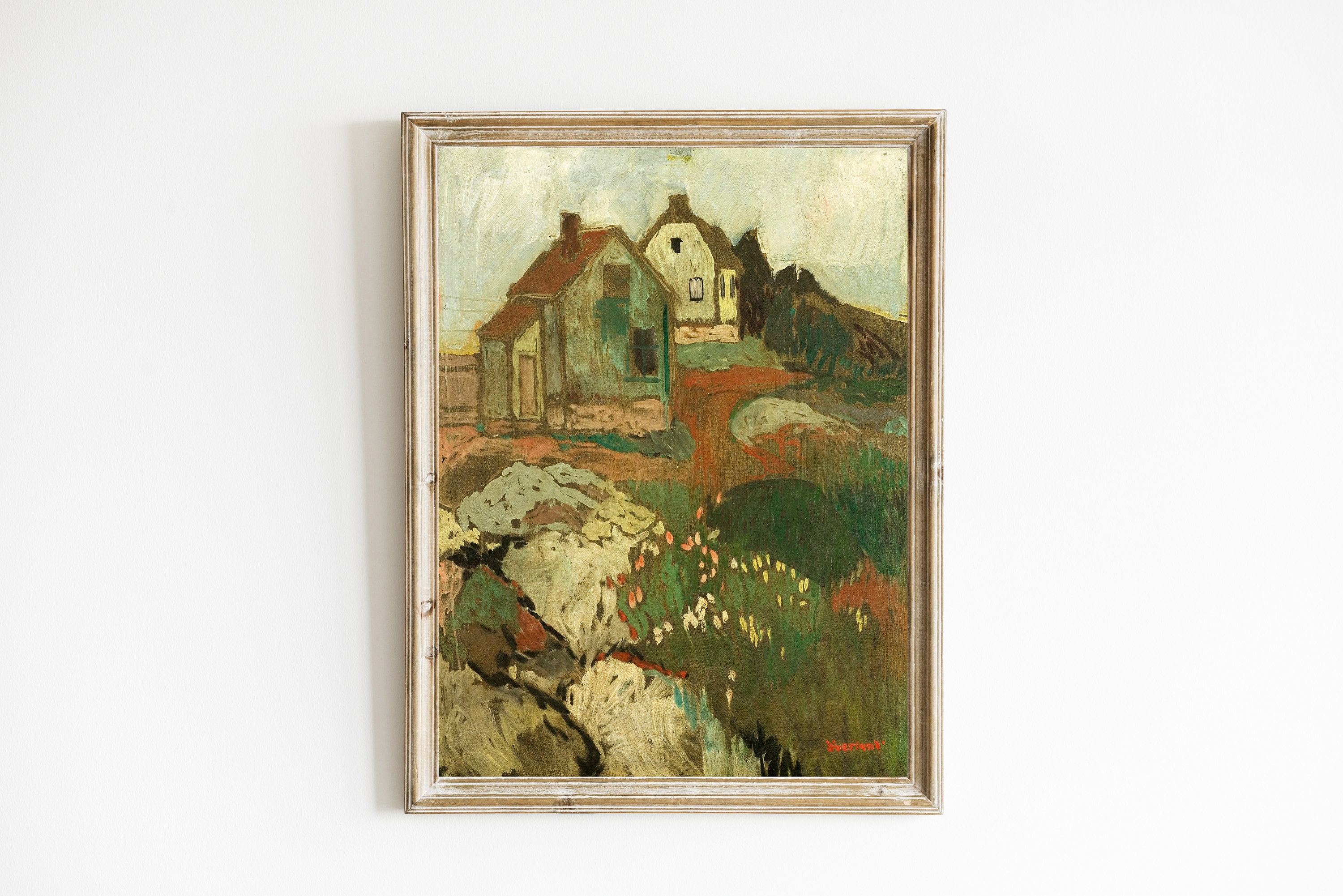 Vintage Landscape Painting With Houses | Vintage Folk Art Painting With ...