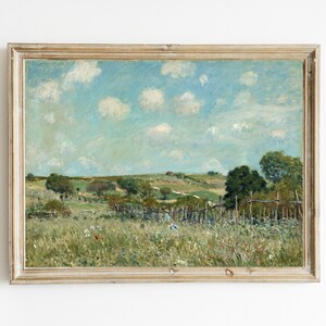 Antiek landschapsolieverfschilderij | Vintage landschapskunstprint | AFDRUKBARE Cottage kunst aan de muur | Lente weide schilderij | Landvelden afdrukken