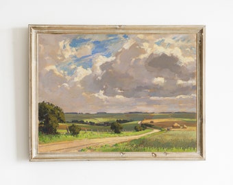 Vintage Landscape Oil Painting | Country Field Printable | Summer Meadow Art Print | DIGITAL DOWNLOAD | Farmhouse Decor | Country Landscape