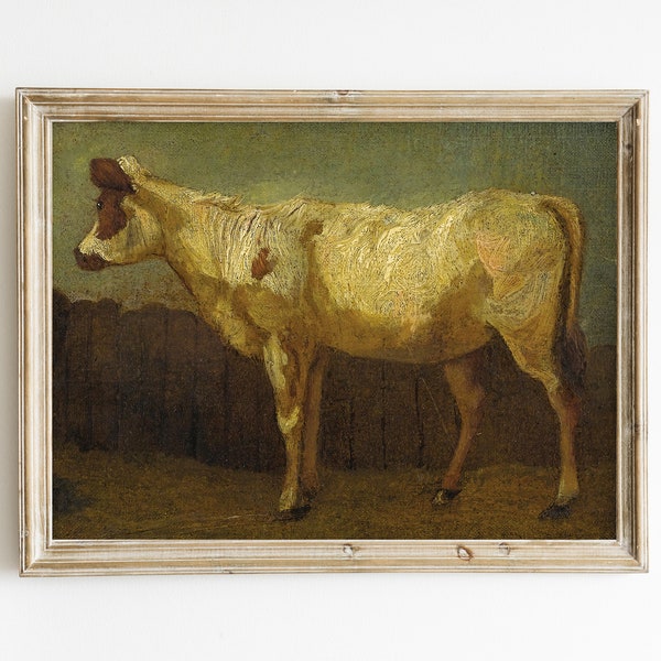 PRINTABLE Cow Painting | Antique Oil Painting | Rustic Cow Art | Vintage Farmhouse Wall Decor | Cottage Animal Painting | DIGITAL DOWNLOAD