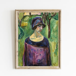 May include: A painting of a woman wearing a purple hat and a dark purple dress. She is standing in a green field with trees in the background.