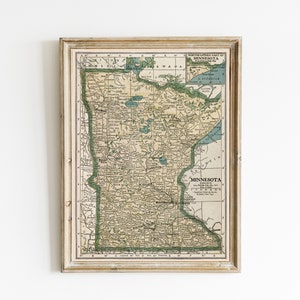 carte vintage de l'état du Minnesota | carte antique du Minnesota | Décoration de carte du Minnesota | CARTE IMPRIMABLE DU MINNESOTA | Excellente idée cadeau pour les habitants du Minnesota