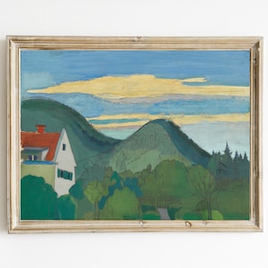 May include: A framed painting depicting a landscape with a house in the foreground, green hills, and a blue sky with yellow clouds.