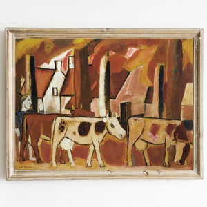 Vintage Abstract Folk Painting of Cows | Rustic Abstract Landscape Art with Cows | Country Western Folk Art Print with Cattle | DIGITAL ART
