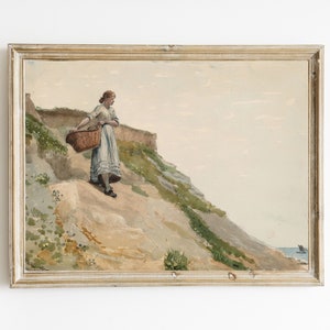Fille portant un panier de Winslow Homer | Peinture de falaise côtière par Winslow Homer | Art mural bord de mer | Décoration de chalet vintage | ART NUMÉRIQUE