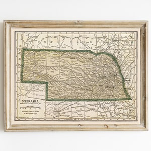 Mapa del estado de Nebraska vintage IMPRIMIBLE / Impresión de mapa antiguo de Nebraska / Decoración del mapa de Nebraska / Mapa DIGITAL de Nebraska / Gran regalo para los habitantes de Nebraska