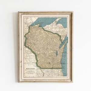carte vintage de l'état du Wisconsin | carte antique du Wisconsin | Décoration de carte du Wisconsin | CARTE IMPRIMABLE DU WISCONSIN | Un cadeau idéal pour les habitants du Wisconsin
