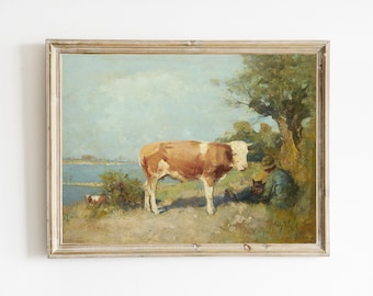 Vintage Landscape with Cow Painting | PRINTABLE Farmhouse Wall Art | Antique Farm Painting | Cottage DIGITAL Decor | Neutral Farmhouse Print