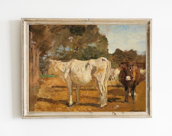 素朴な農家の風景画 | ビンテージ牛の油絵 | 印刷可能なコテージの壁アート | アンティーク動物の絵画 | 素朴なカウボーイアート