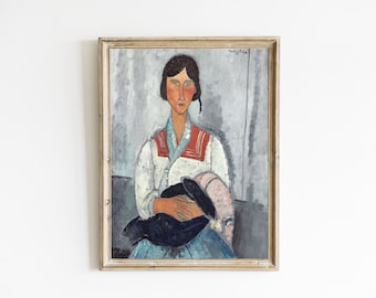 モディリアーニ「青いドレスを着た座る女性」絵画、版画、肖像画、美術