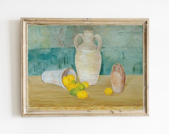 Modern Still Life Oil Painting | Still Life with Fruit and Pottery | Vintage Still Life Print | PRINTABLE STILL LIFE | Modern Kitchen Art