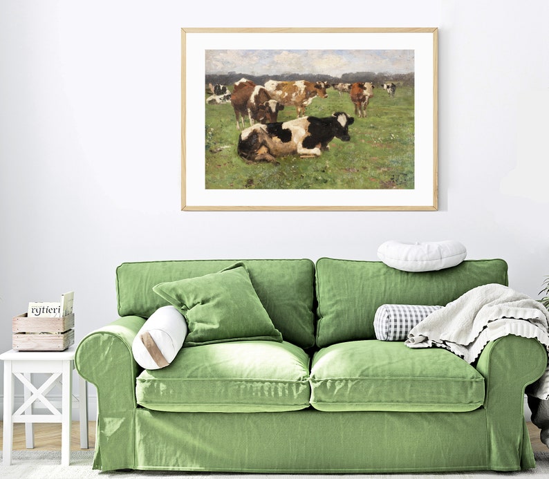 Vintage Painting of Cows in a Field | Rustic Farmhouse Wall Art | Cows ...