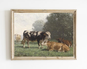 Vintage koe olieverfschilderij | Antiek koe schilderij | Koeien in een veld | Rustiek boerderijdecor | AFDRUKBARE KOE KUNST | Boerderijkunst | Cottage kunst aan de muur