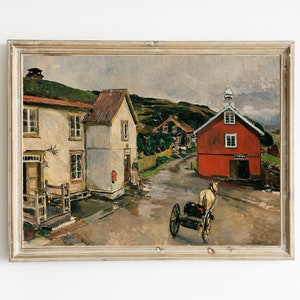 Quaint Village Landscape Painting | Rustic Townscape Art Print | DIGITAL DOWNLOAD | Vintage Red Barn Painting | Printable Farmhouse Decor