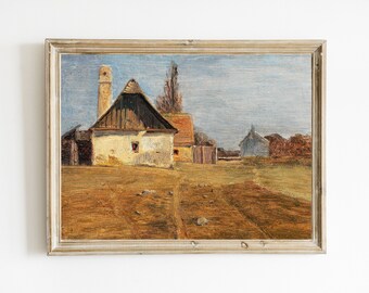 Rustic Farmhouse Oil Painting | Vintage Country Farm Painting | Antique Country Cottage Print | Cottage Landscape Painting | DIGITAL ART