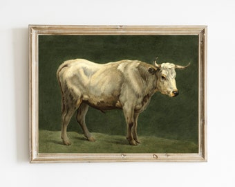 Pintura al óleo de toro vintage / Arte rústico de la pared de la granja / Impresión de animales de granja / Ilustración de toro de vaca blanca / ARTE DE VACA IMPRIMIBLE / Impresión digital
