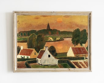 peinture de paysage d'art populaire vintage | Peinture de paysage pittoresque avec des maisons et des vaches | paysage pastoral simpliste | ART POPULAIRE IMPRIMABLE