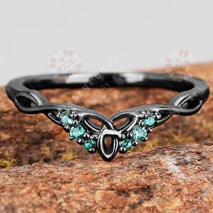 Emerald band minimalist 18K Black Gold wedding band unique gemstone ring handmade twist band stackable matching ring V shaped Band