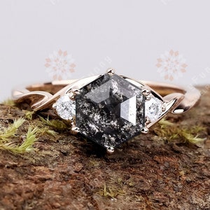 Naturlig Herkimer diamant hexagonslipad grå diamantring handgjord 925 sterlingsilverring förlovningsring salt- och pepparstensring