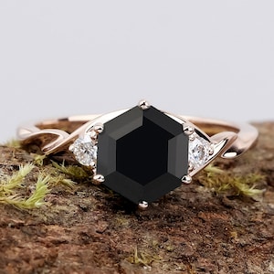 Natural Black Onyx Ring 18K Rose gold Ring For Women Engagement Ring Unique Ring Three Stone Ring Promise Ring For Her Anniversary Gifts